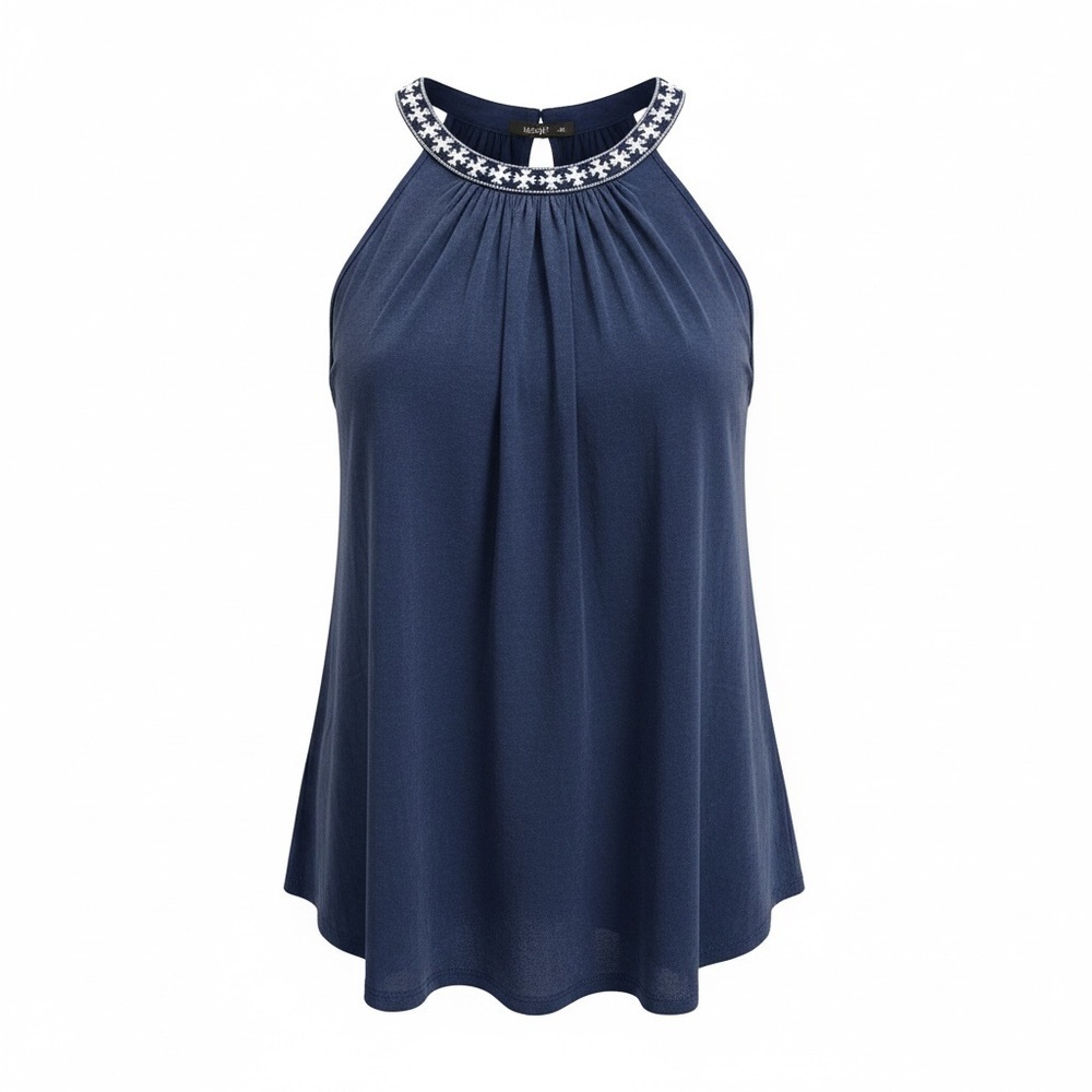 🎀 Cable & Gauge Navy Embroidered Preppy Halter Top – Size Large 🎀